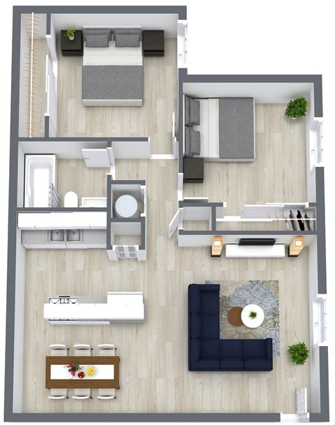 Floor plan for 2 beds, 1 bath, 855 sqft